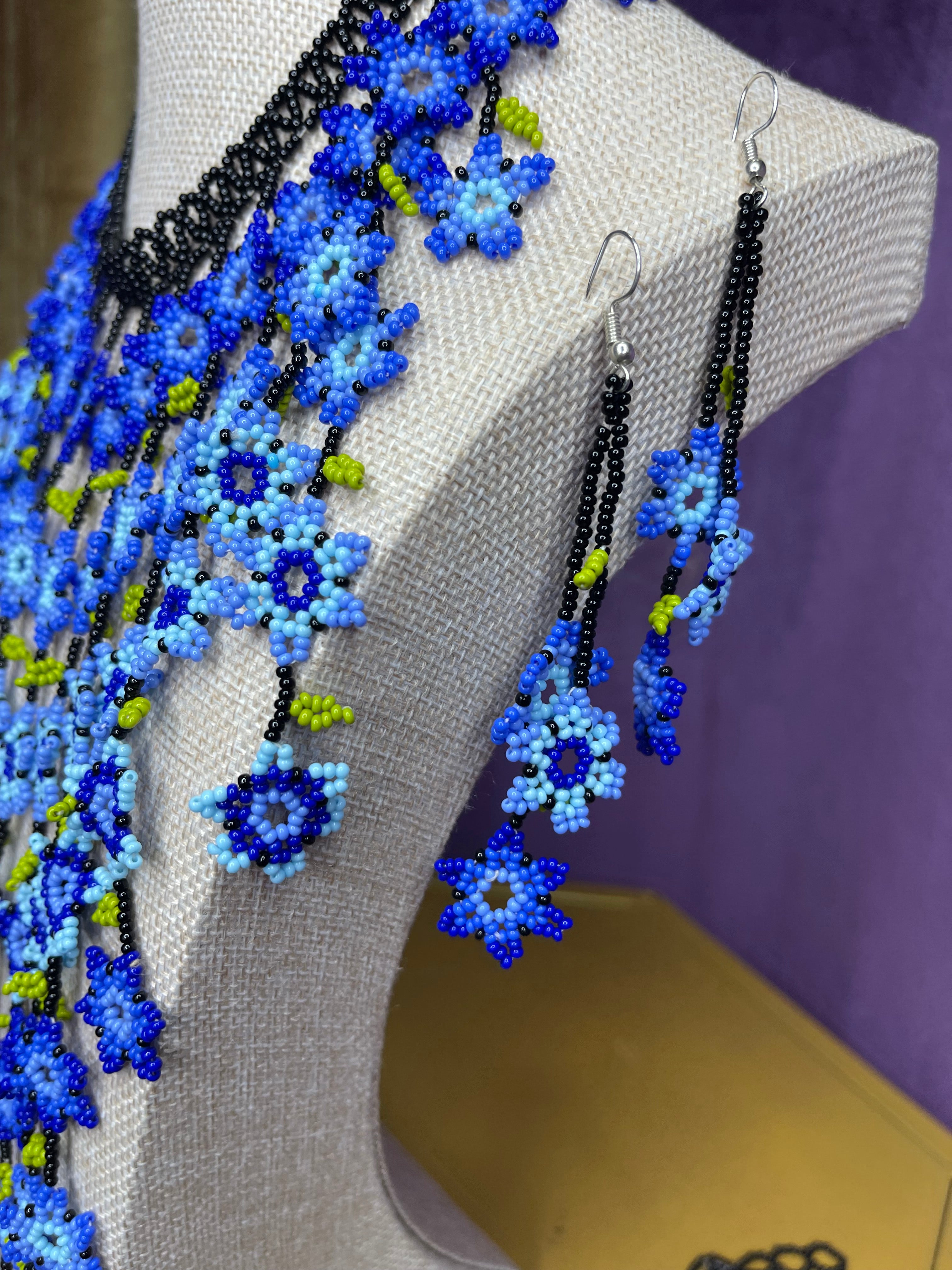 Huichol Beaded Cascading Blue Flower Bib Necklace with Earrings - Handmade Wixárika Art from Nayarit