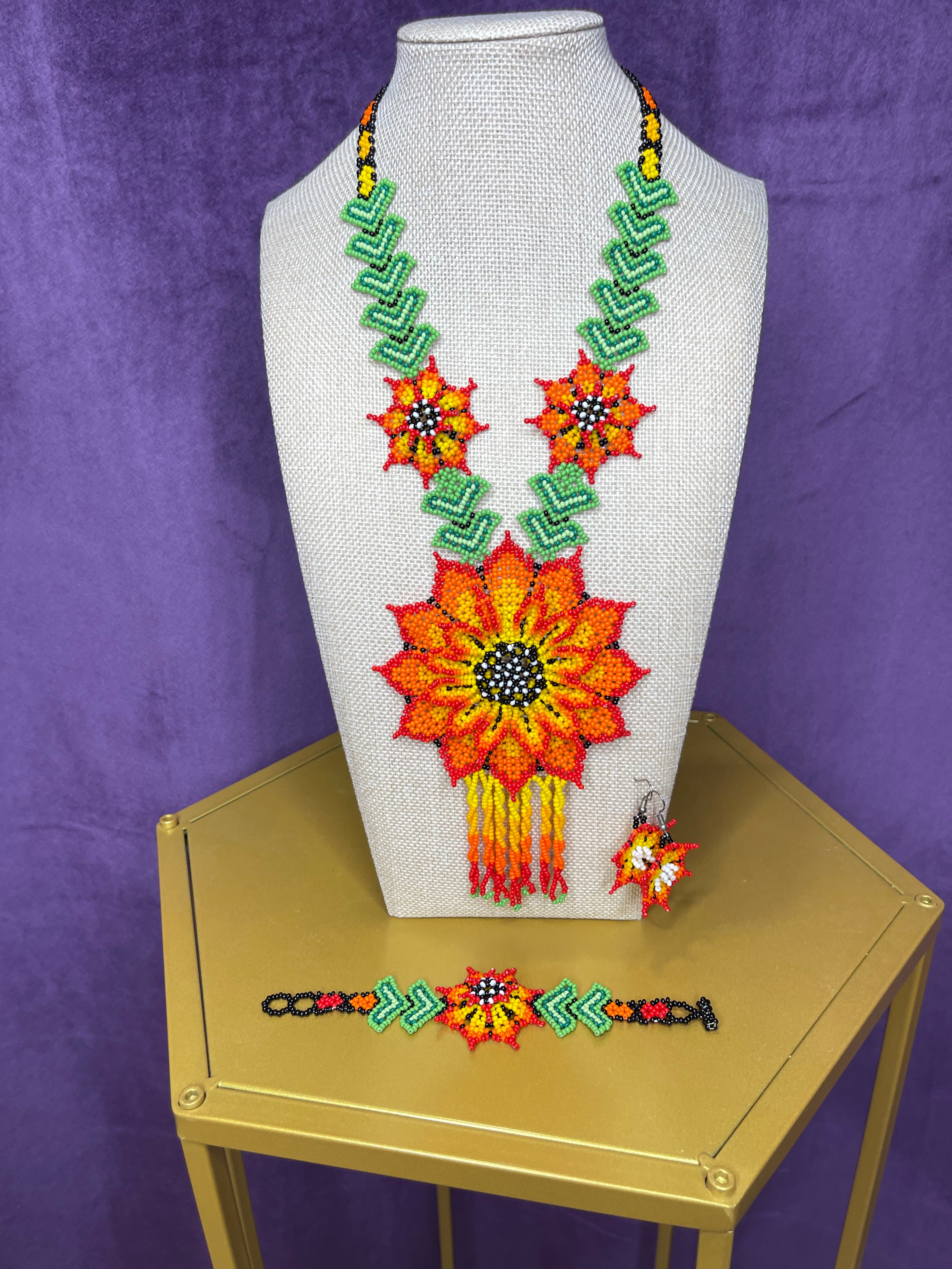 Huichol Beaded Sunflower Necklace Set - Handmade Mexican Jewelry from Nayarit | Traditional Wixárika Art