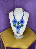 Huichol Beaded Blue Flower Necklace - Handmade Wixárika Jewelry from Nayarit, Mexico