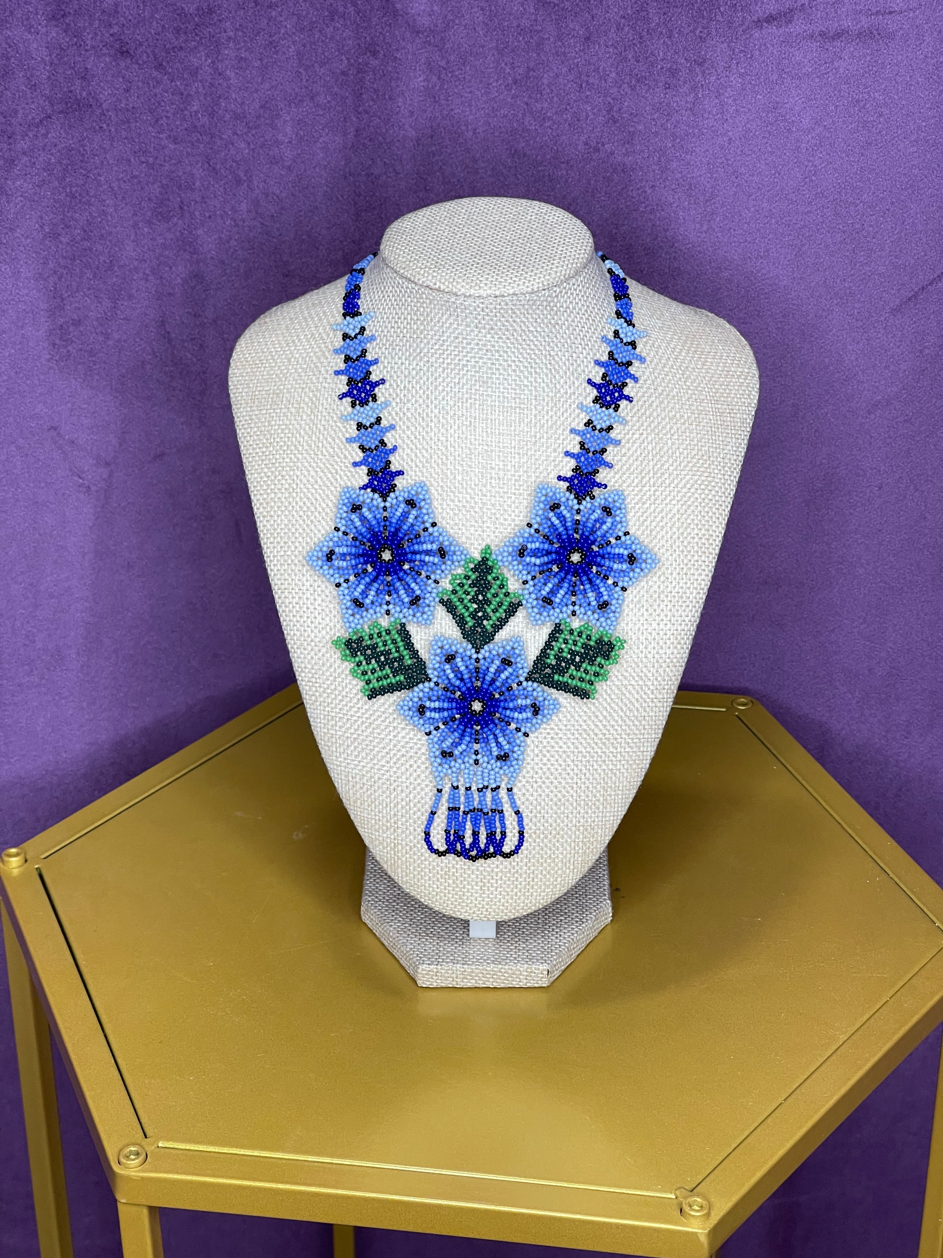 Huichol Beaded Blue Flower Necklace - Handmade Wixárika Jewelry from Nayarit, Mexico