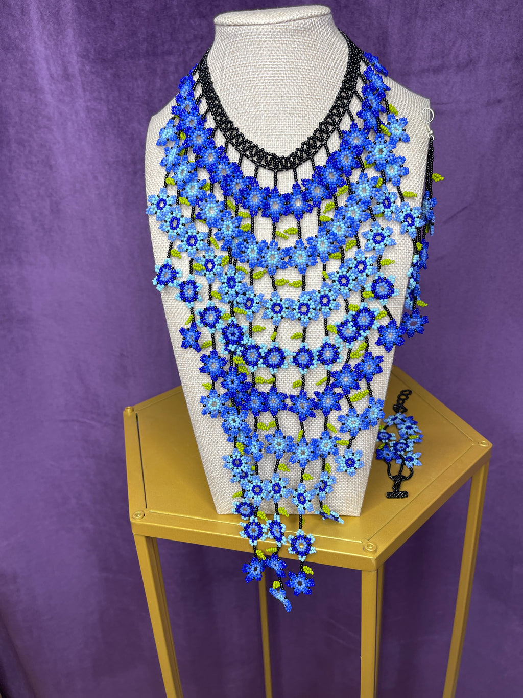 Huichol Beaded Cascading Blue Flower Bib Necklace with Earrings - Handmade Wixárika Art from Nayarit