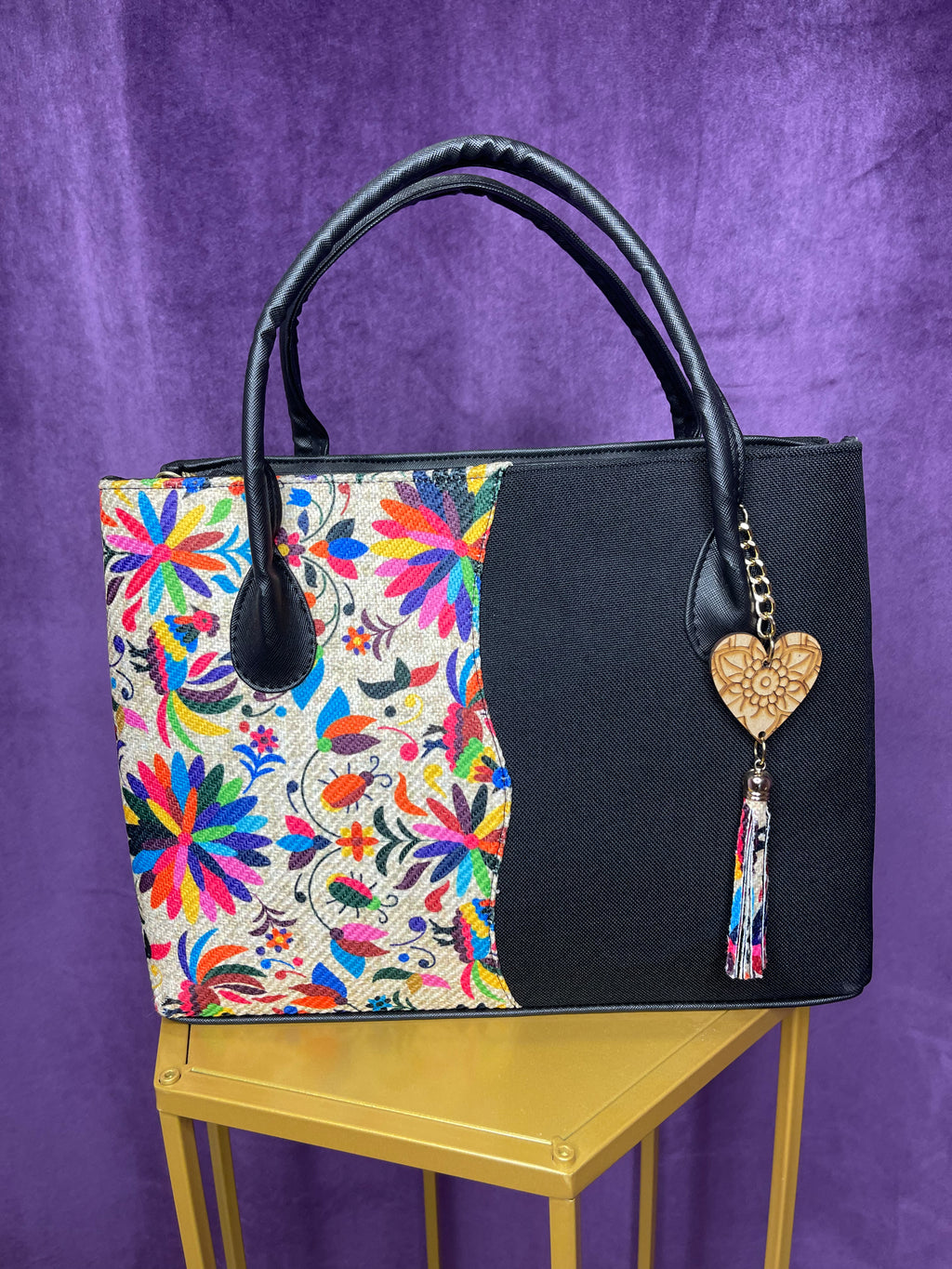 Mexican Embroidered Handbag - Handcrafted Floral Tote with Leather Trim | Leon, Guanajuato