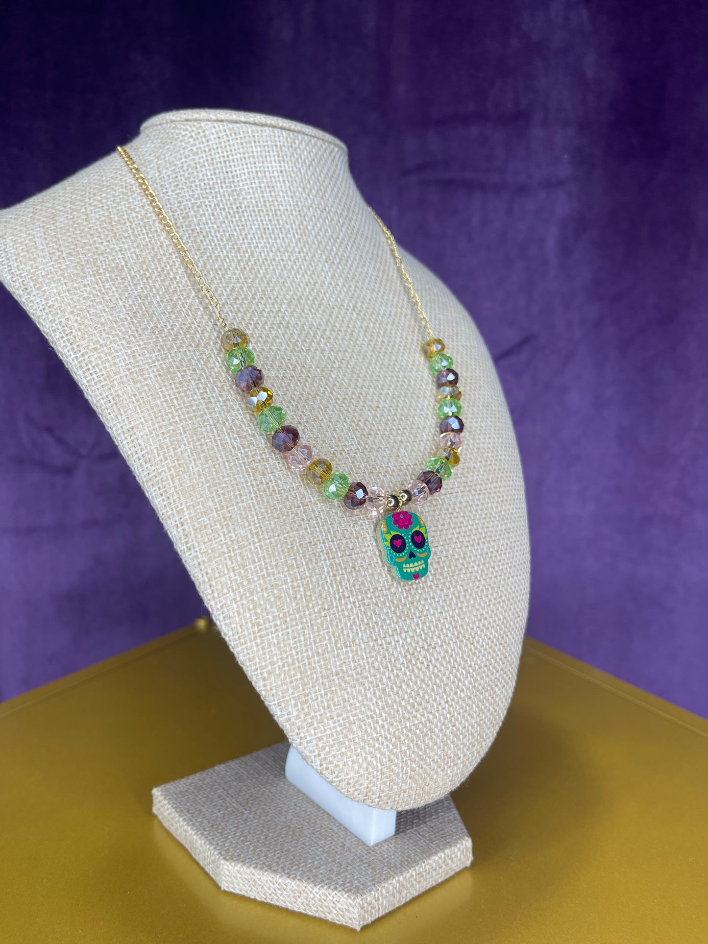 Día de los Muertos glass beads on 14kt gold plated chain