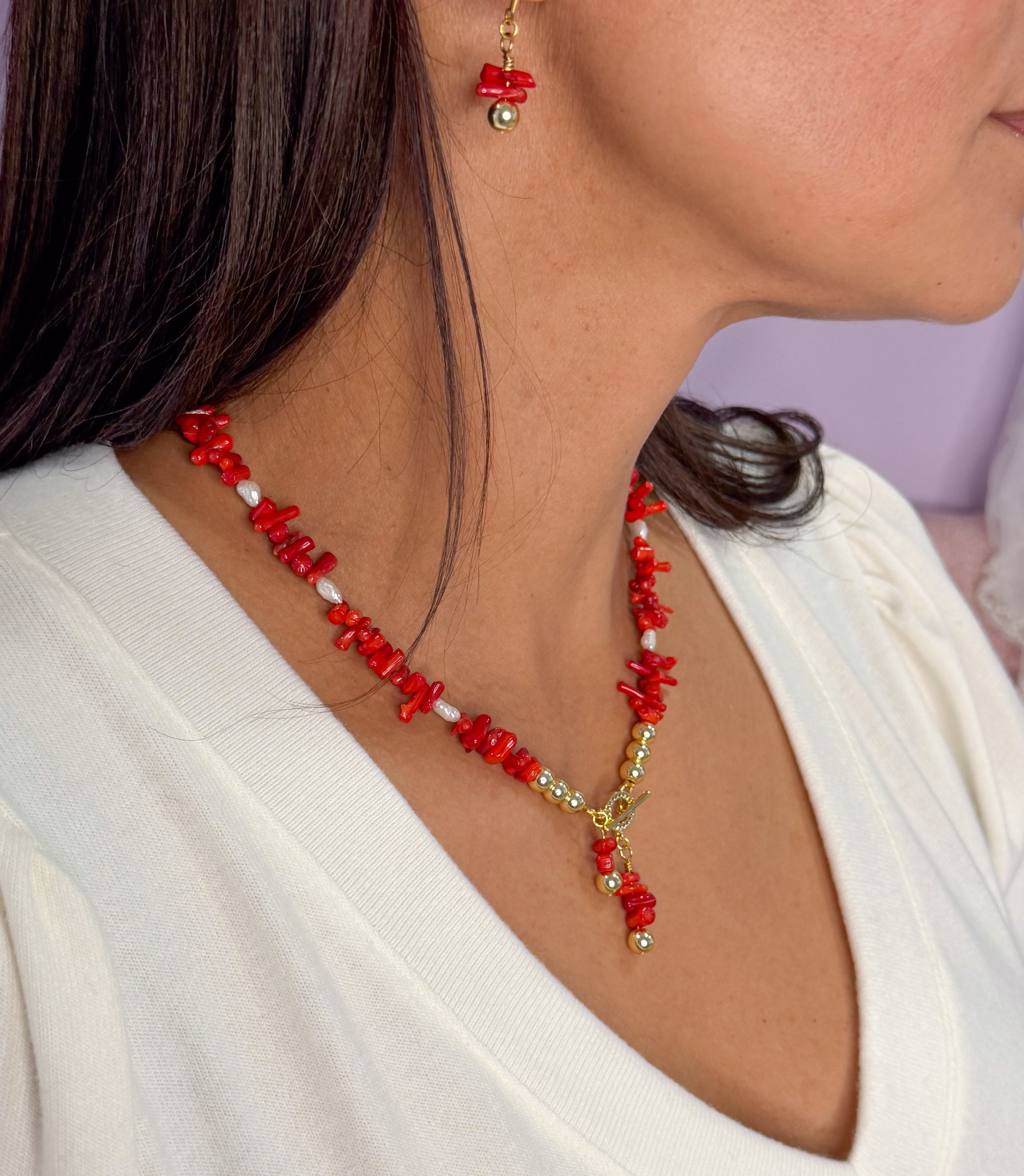 Coral & Japanese Rice Pearl Statement Set