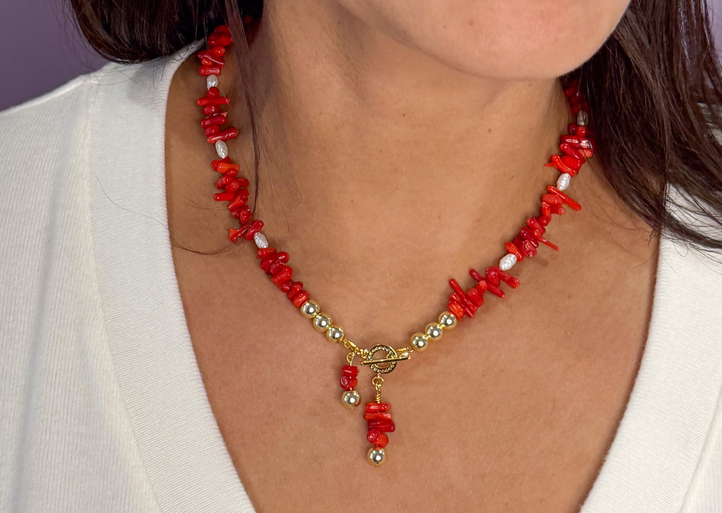 Coral & Japanese Rice Pearl Statement Set
