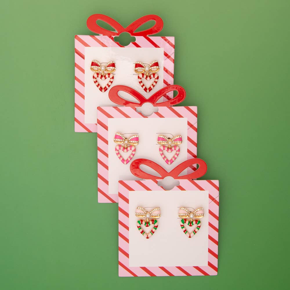 Christmas Striped Candy Enamel Bowed Heart Post Earrings