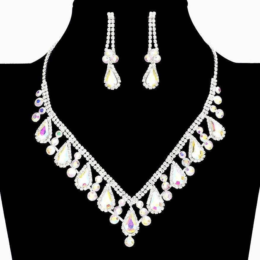 Teardrop V Shape Elegant Rhinestone Necklace Set Clipon