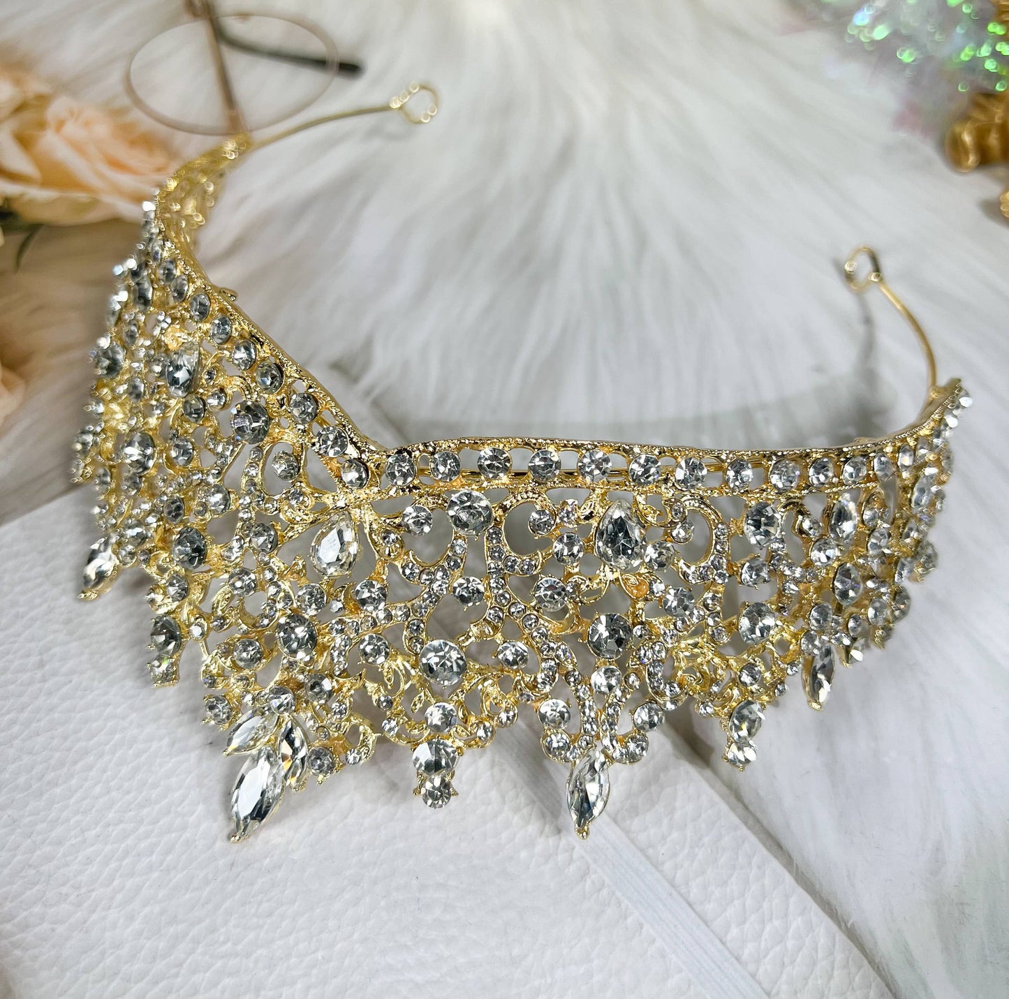 Gold Rhinestone Wedding Tiara, Royal Bridal Crown Headdress