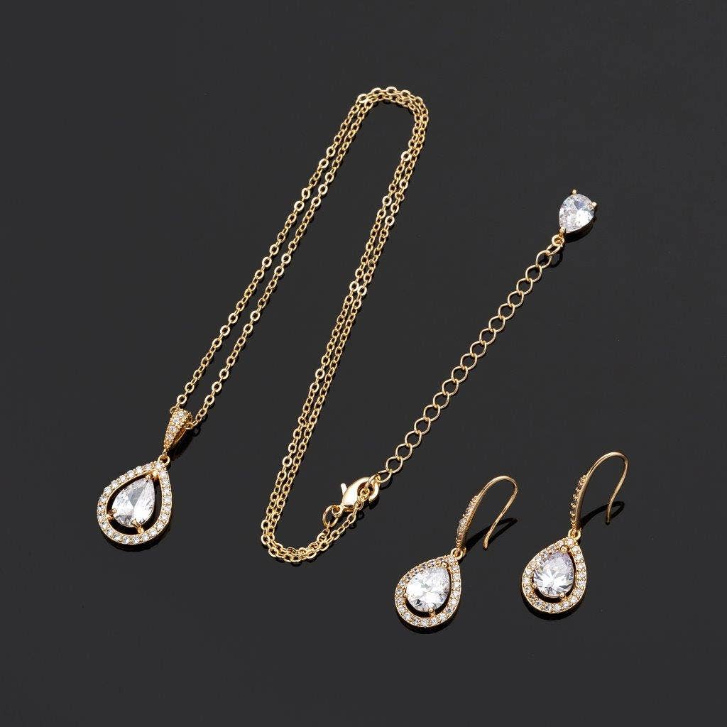 Gold Teardrop Cubic Zirconia Necklace and Earrings Set