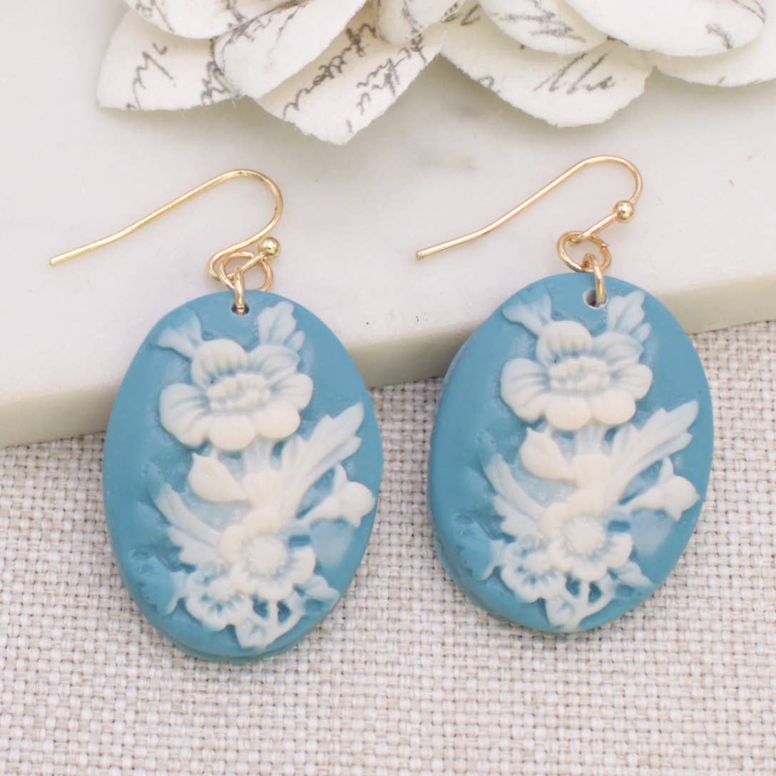 Pale Blue Flower Cameo Earrings