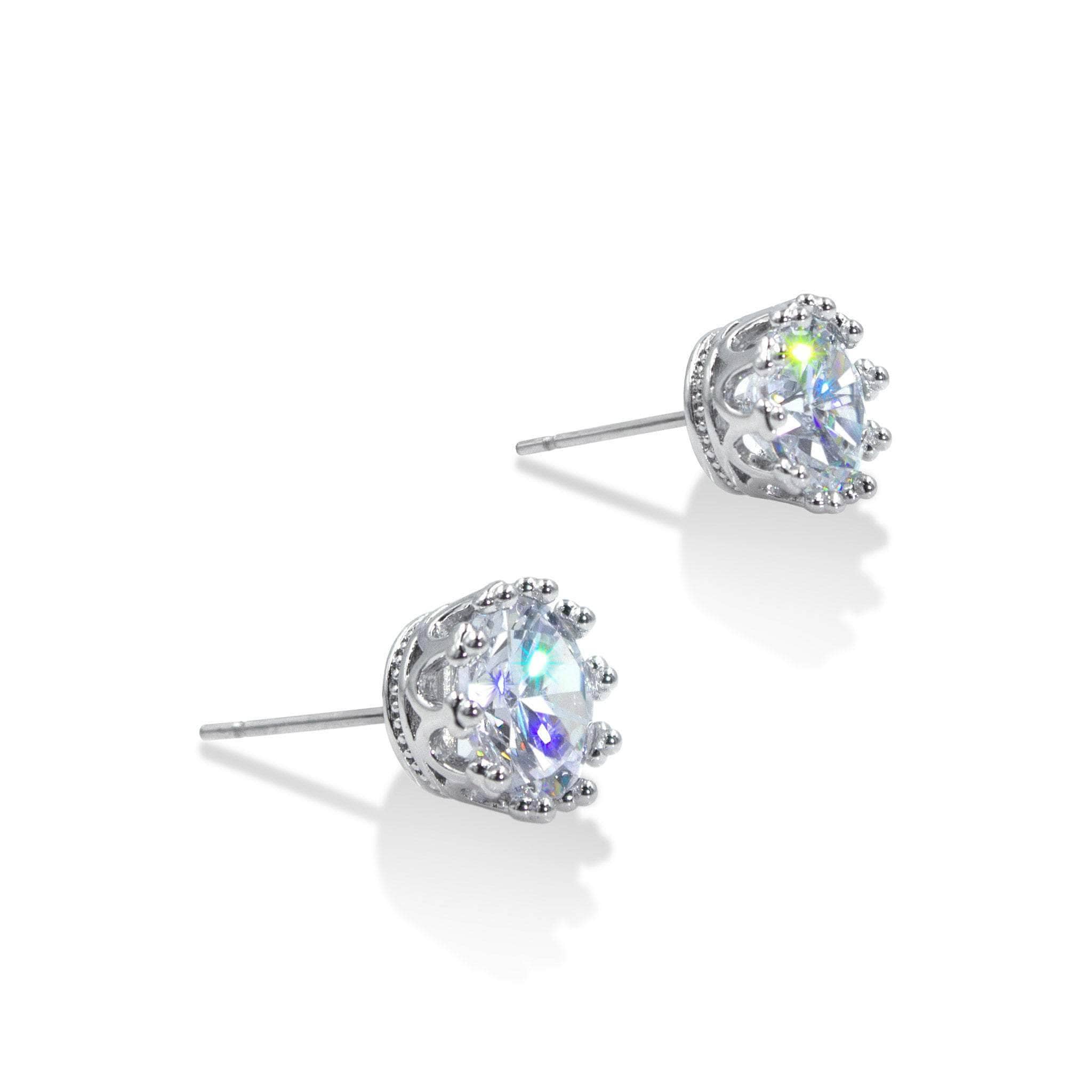 #17568 - Vintage-Style Crown Setting Cubic Zirconia Stud Earrings - 8mm