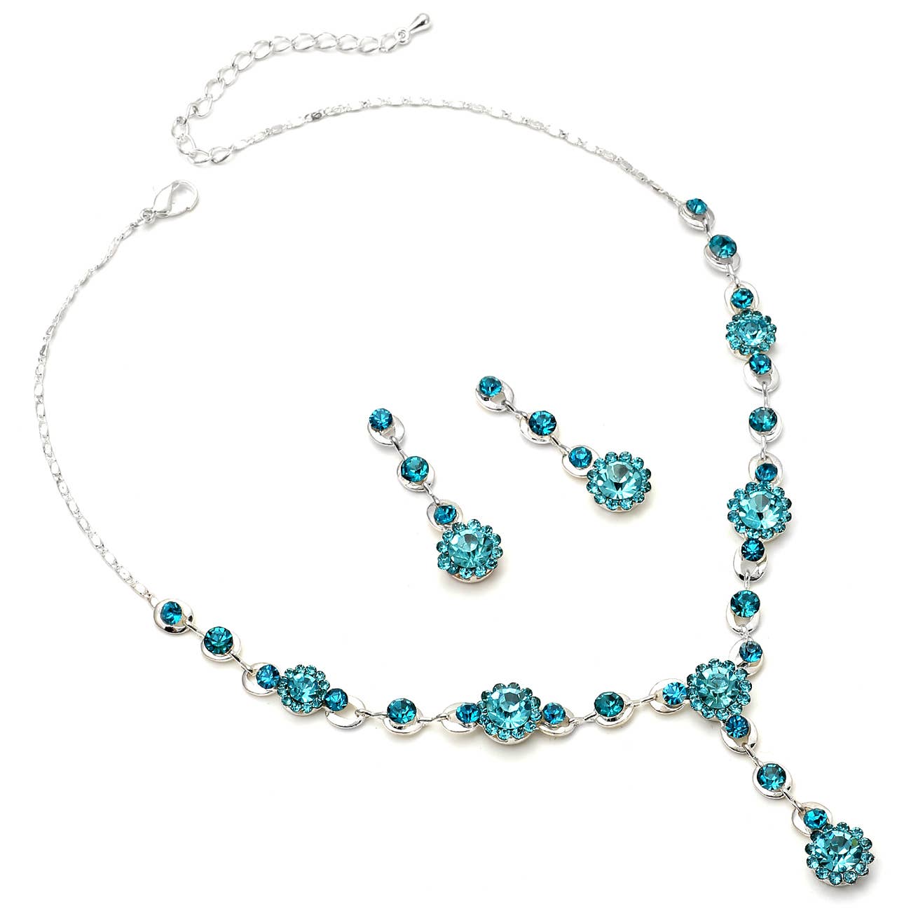 Silver Aqua Rhinestone Flower Necklace and Earrings Set