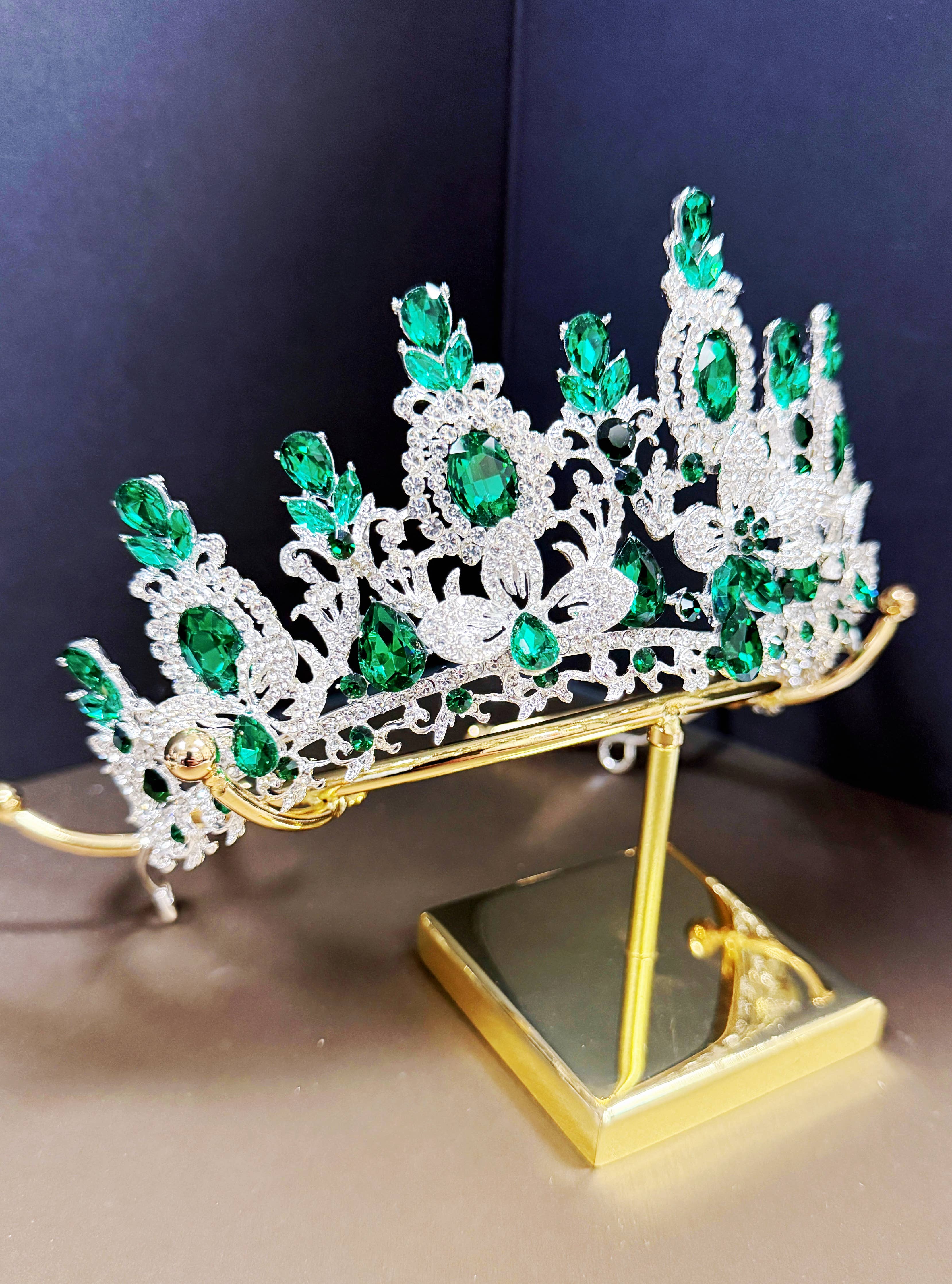 Silver Crystal Tiara Green Stone Tiara - CR152