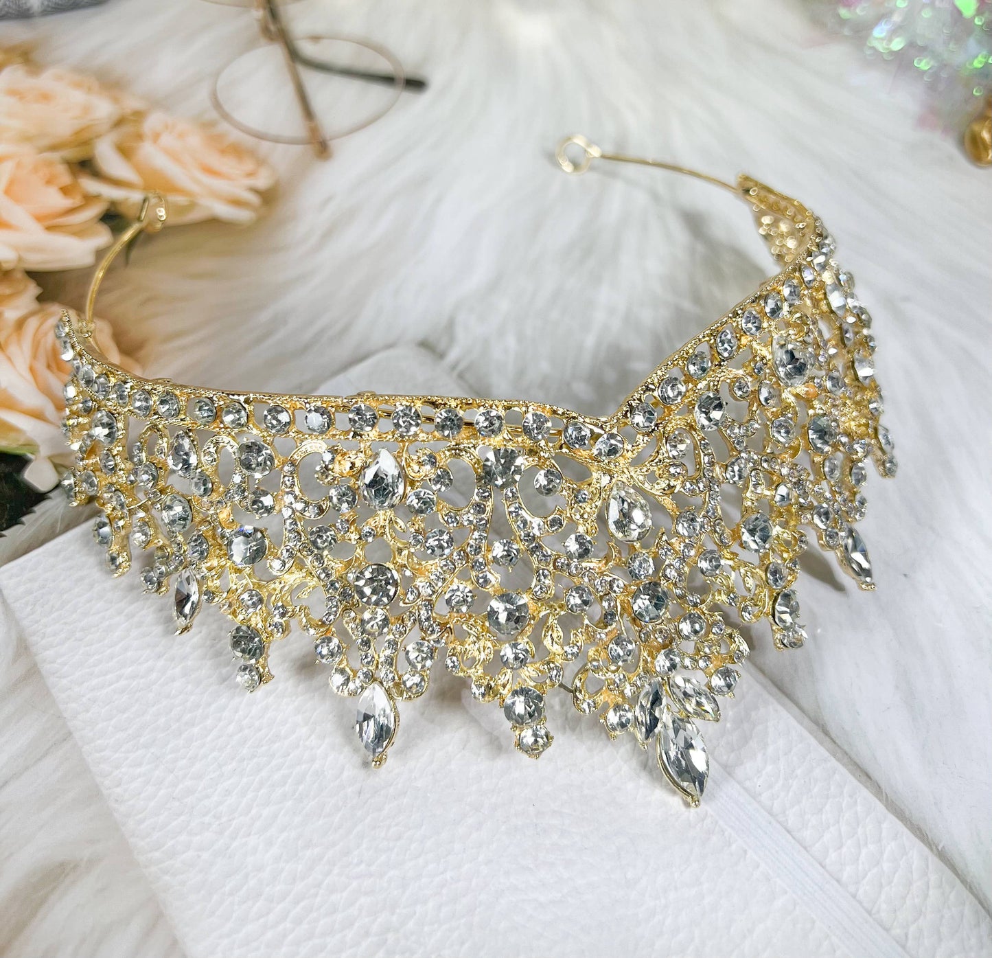 Gold Rhinestone Wedding Tiara, Royal Bridal Crown Headdress