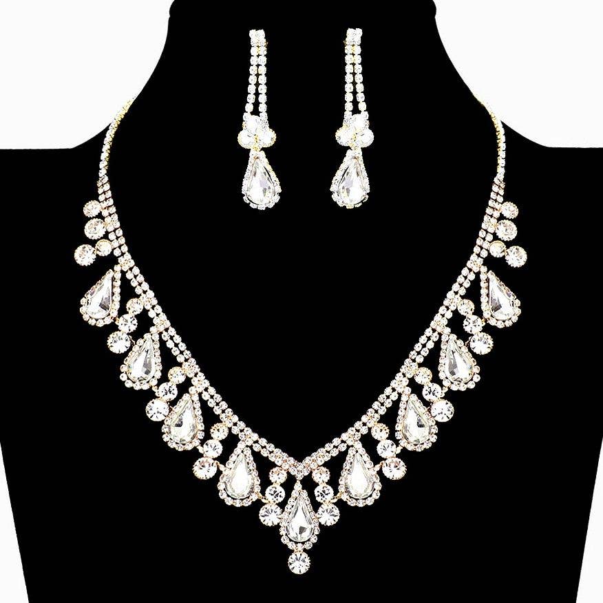 Teardrop V Shape Elegant Rhinestone Necklace Set Clipon