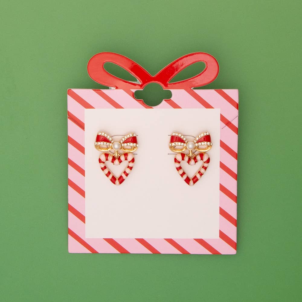 Christmas Striped Candy Enamel Bowed Heart Post Earrings